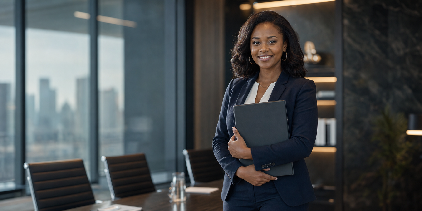 Smiling Grand Towers investment professional holding a file