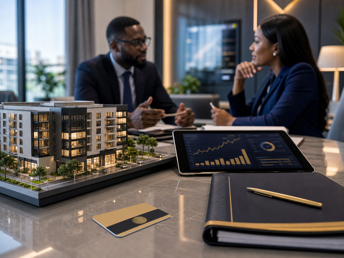 Investment professionals reviewing a diversified business portfolio